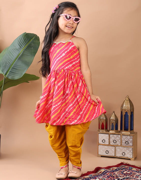 Pink Lehriya printed sleeveless Kurti  paired with Yellow Dhoti