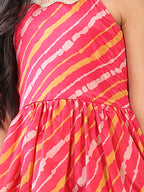 Pink Lehriya printed sleeveless Kurti  paired with Yellow Dhoti