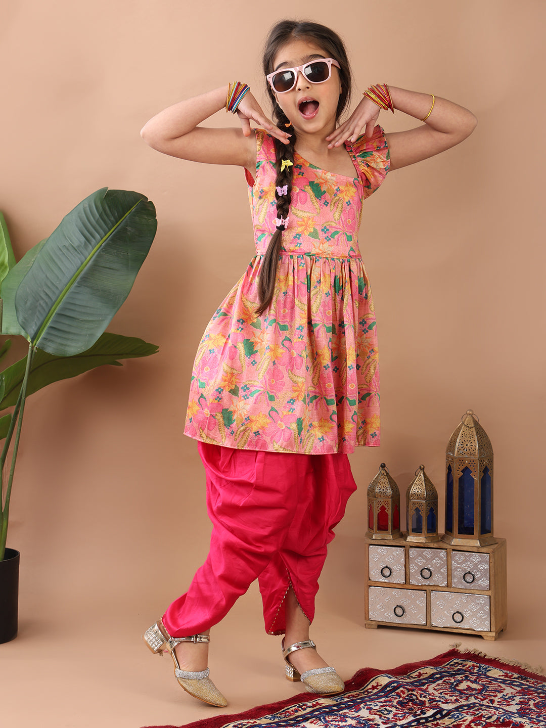 Pink Floral  printed sleeveless Kurti  paired with Pink Dhoti