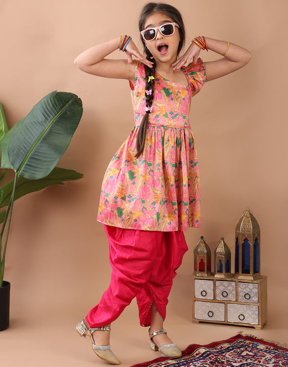 Pink Floral  printed sleeveless Kurti  paired with Pink Dhoti