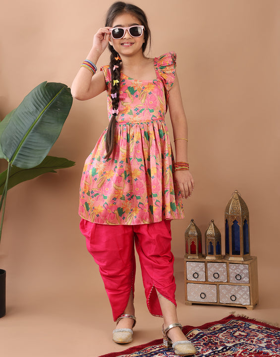 Pink Floral  printed sleeveless Kurti  paired with Pink Dhoti