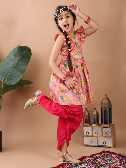 Pink Floral  printed sleeveless Kurti  paired with Pink Dhoti