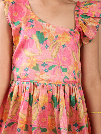 Pink Floral  printed sleeveless Kurti  paired with Pink Dhoti