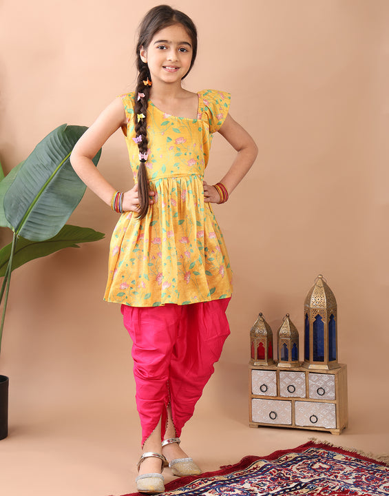 Yellow Lotus  printed sleeveless Kurti  paired with Pink Dhoti