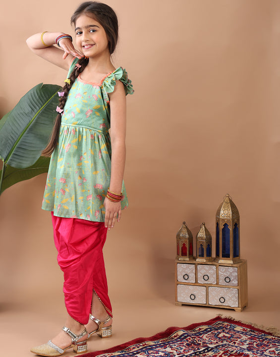 Green Lotus printed sleeveless Kurti  paired with Pink Dhoti