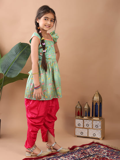 Green Lotus printed sleeveless Kurti  paired with Pink Dhoti