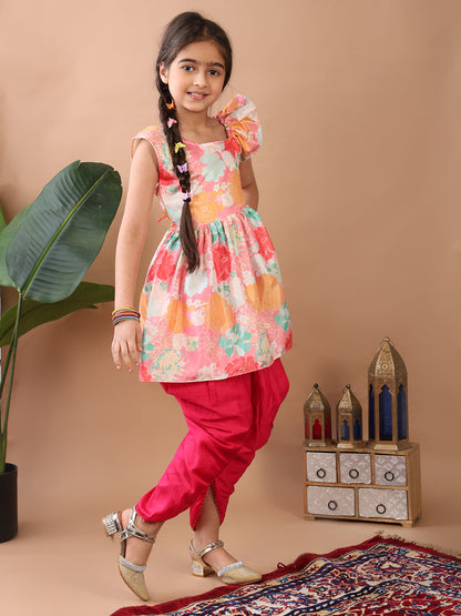 Light Pink Floral  printed sleeveless Kurti  paired with Pink Dhoti