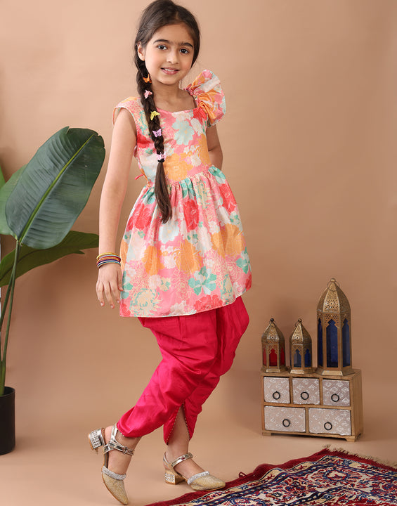 Light Pink Floral  printed sleeveless Kurti  paired with Pink Dhoti