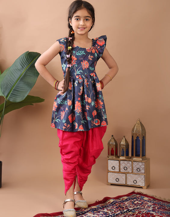 Blue Floral  printed sleeveless Kurti  paired with Pink Dhoti