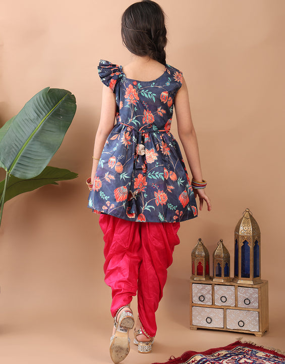 Blue Floral  printed sleeveless Kurti  paired with Pink Dhoti