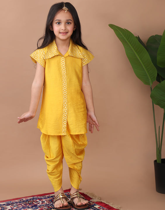 Yellow  jacquard shirt Kurti paired with dhoti