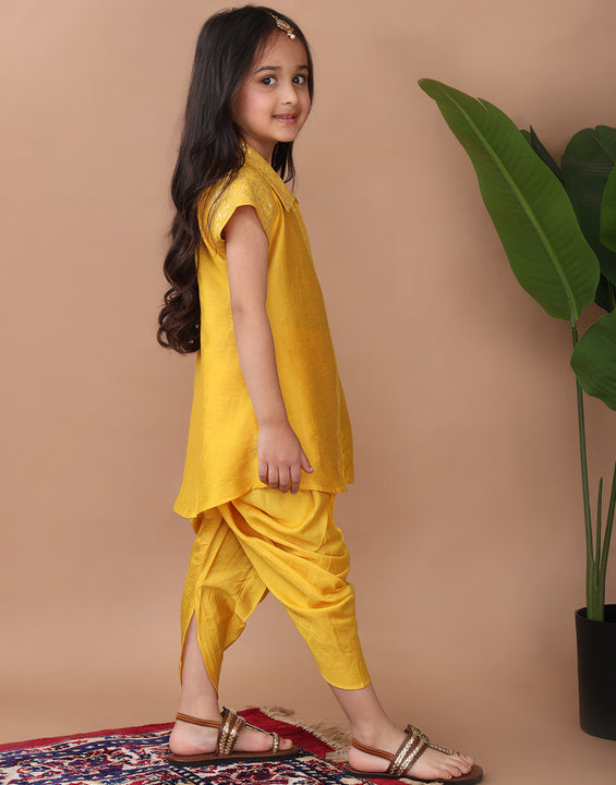 Yellow  jacquard shirt Kurti paired with dhoti