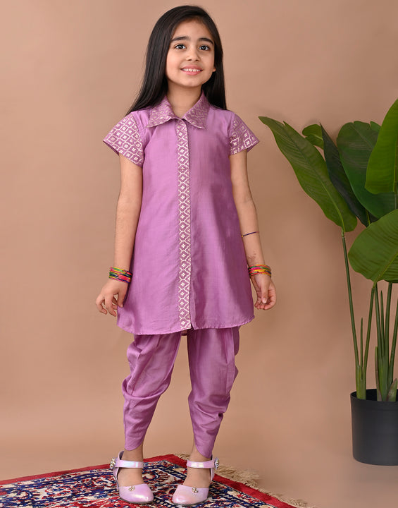 Purple  jacquard shirt Kurti paired with dhoti