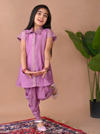Purple  jacquard shirt Kurti paired with dhoti