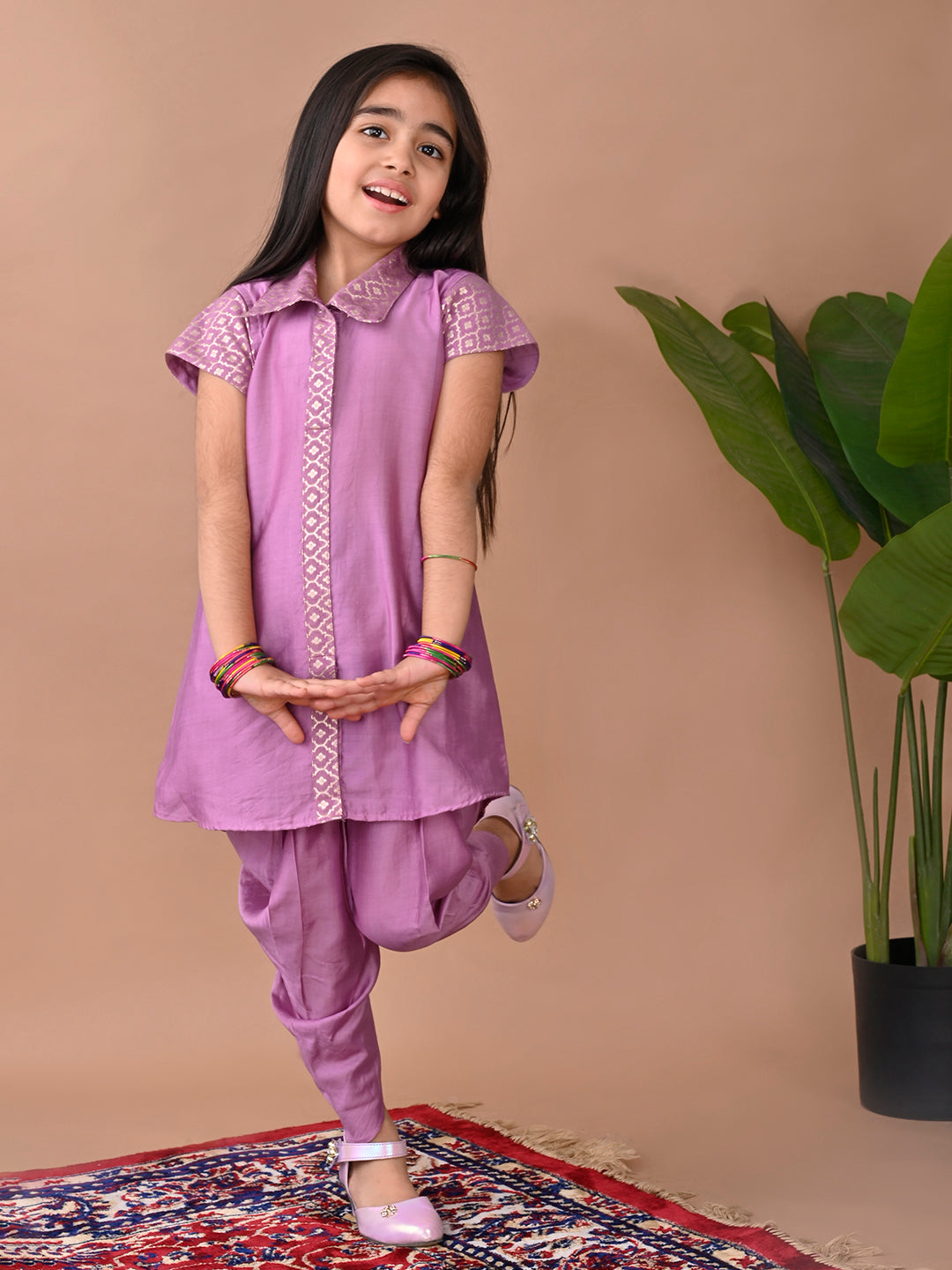 Purple  jacquard shirt Kurti paired with dhoti