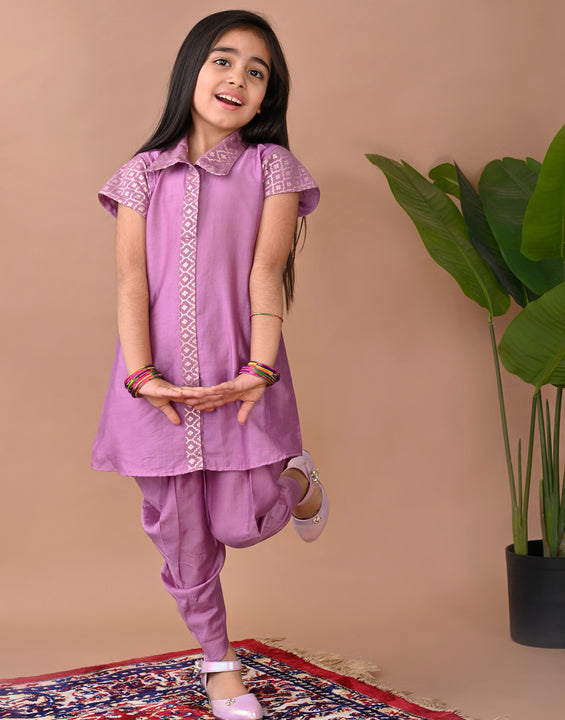 Purple  jacquard shirt Kurti paired with dhoti