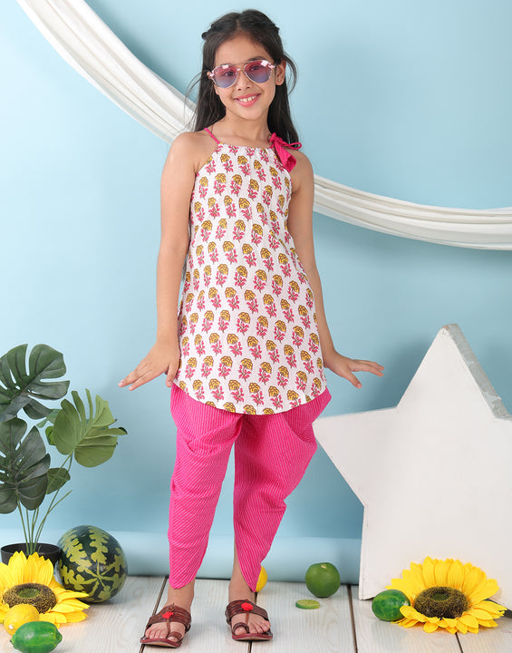 White floral sleeveless tie on Kurti with Pink Dhoti