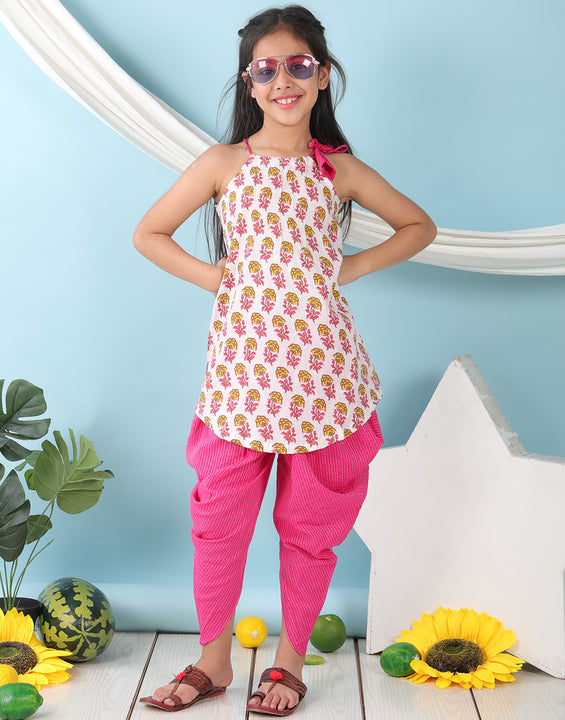 White floral sleeveless tie on Kurti with Pink Dhoti