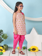 White floral sleeveless tie on Kurti with Pink Dhoti
