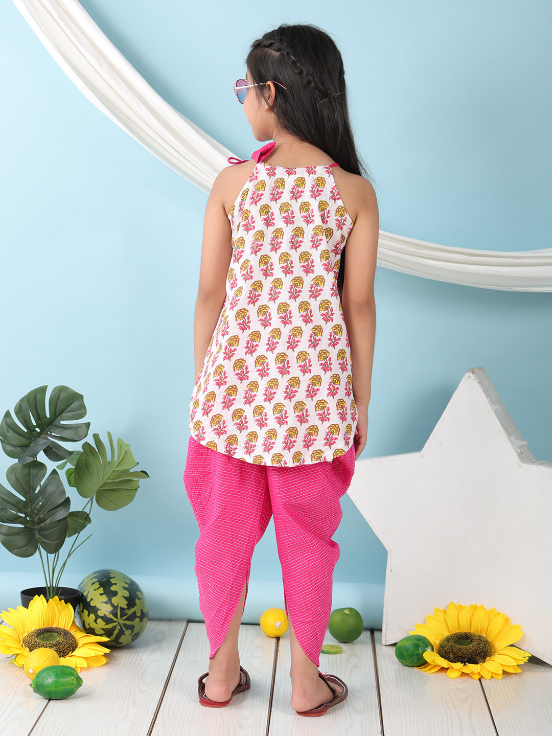 White floral sleeveless tie on Kurti with Pink Dhoti