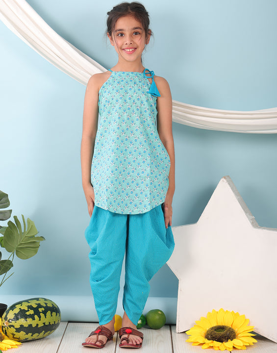 Blue floral sleeveless tie on Kurti with Blue Dhoti