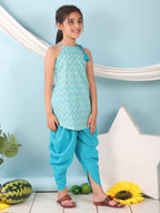 Blue floral sleeveless tie on Kurti with Blue Dhoti