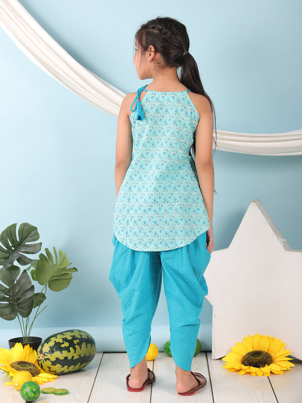 Blue floral sleeveless tie on Kurti with Blue Dhoti