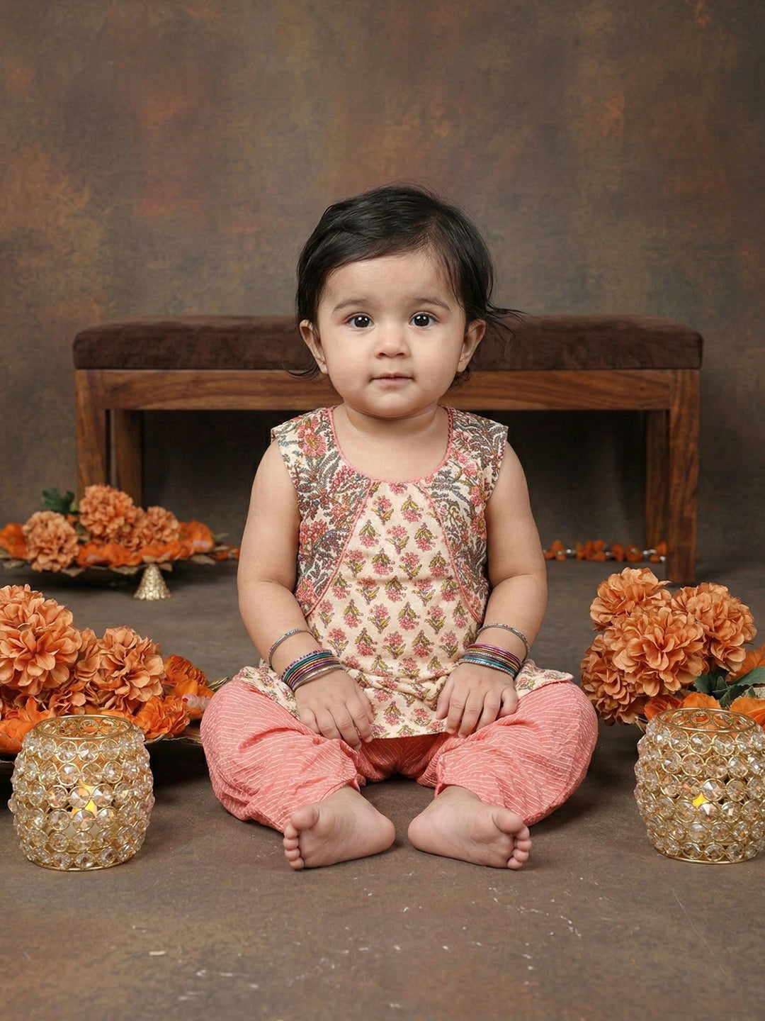 Peach Sleeveless Floral Printed Threadwork Detailed Kurti & Dhoti Set