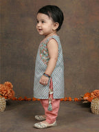 Blue Sleeveless Floral Printed Threadwork Detailed Kurti & Dhoti Set