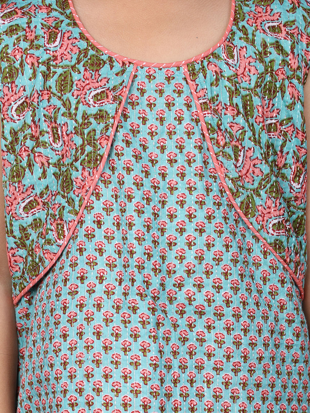 Blue Sleeveless Floral Printed Threadwork Detailed Kurti & Dhoti Set