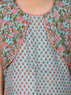 Blue Sleeveless Floral Printed Threadwork Detailed Kurti & Dhoti Set
