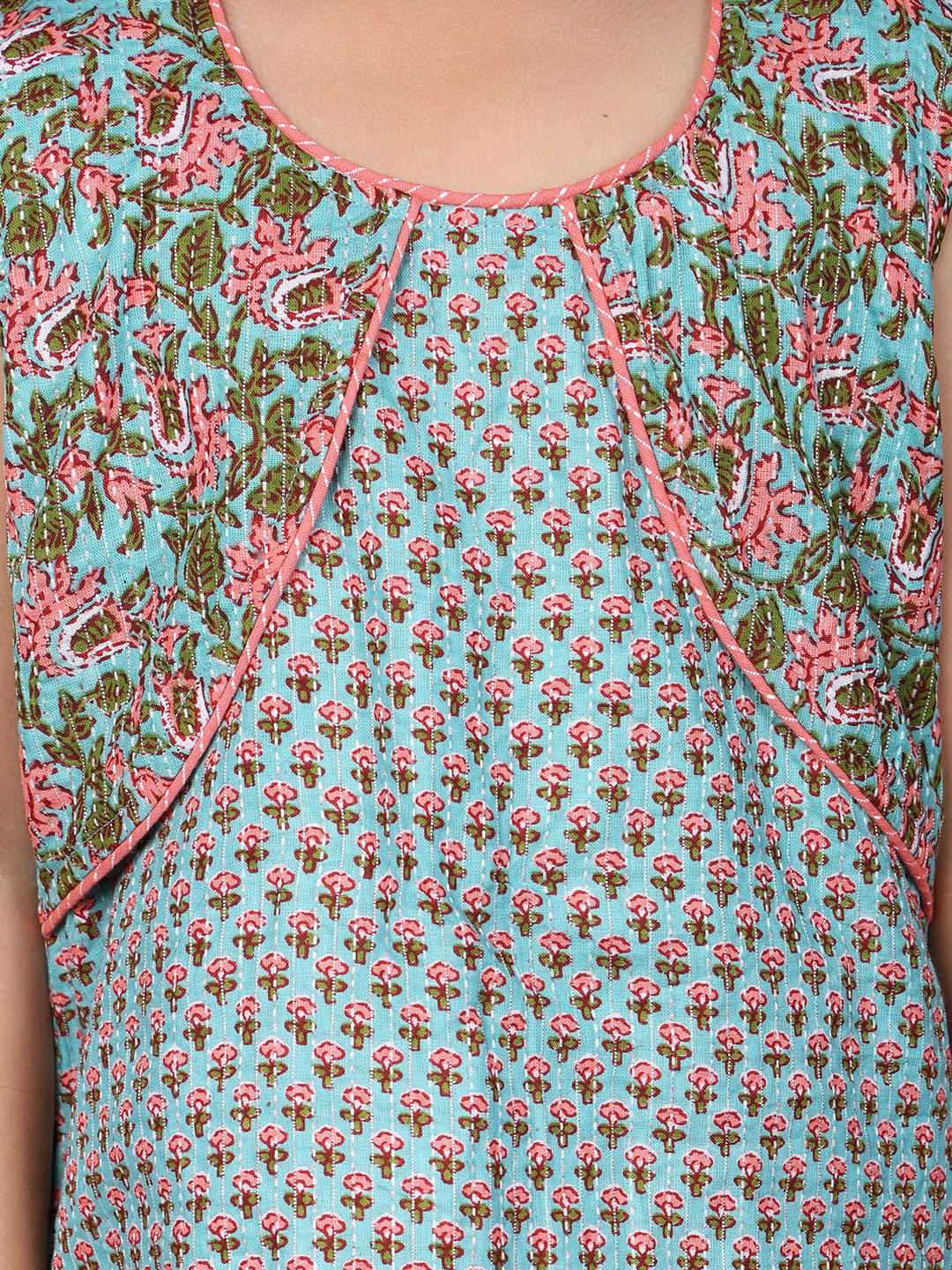 Blue Sleeveless Floral Printed Threadwork Detailed Kurti & Dhoti Set
