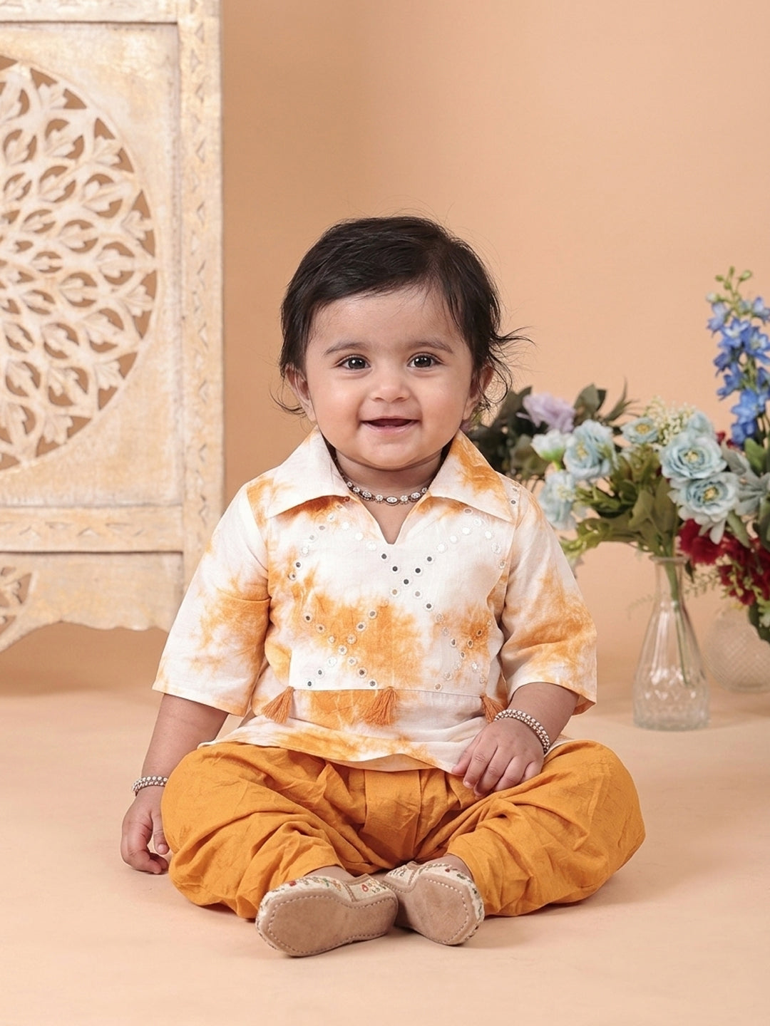 Yellow shibori mirror work kurti with dhoti