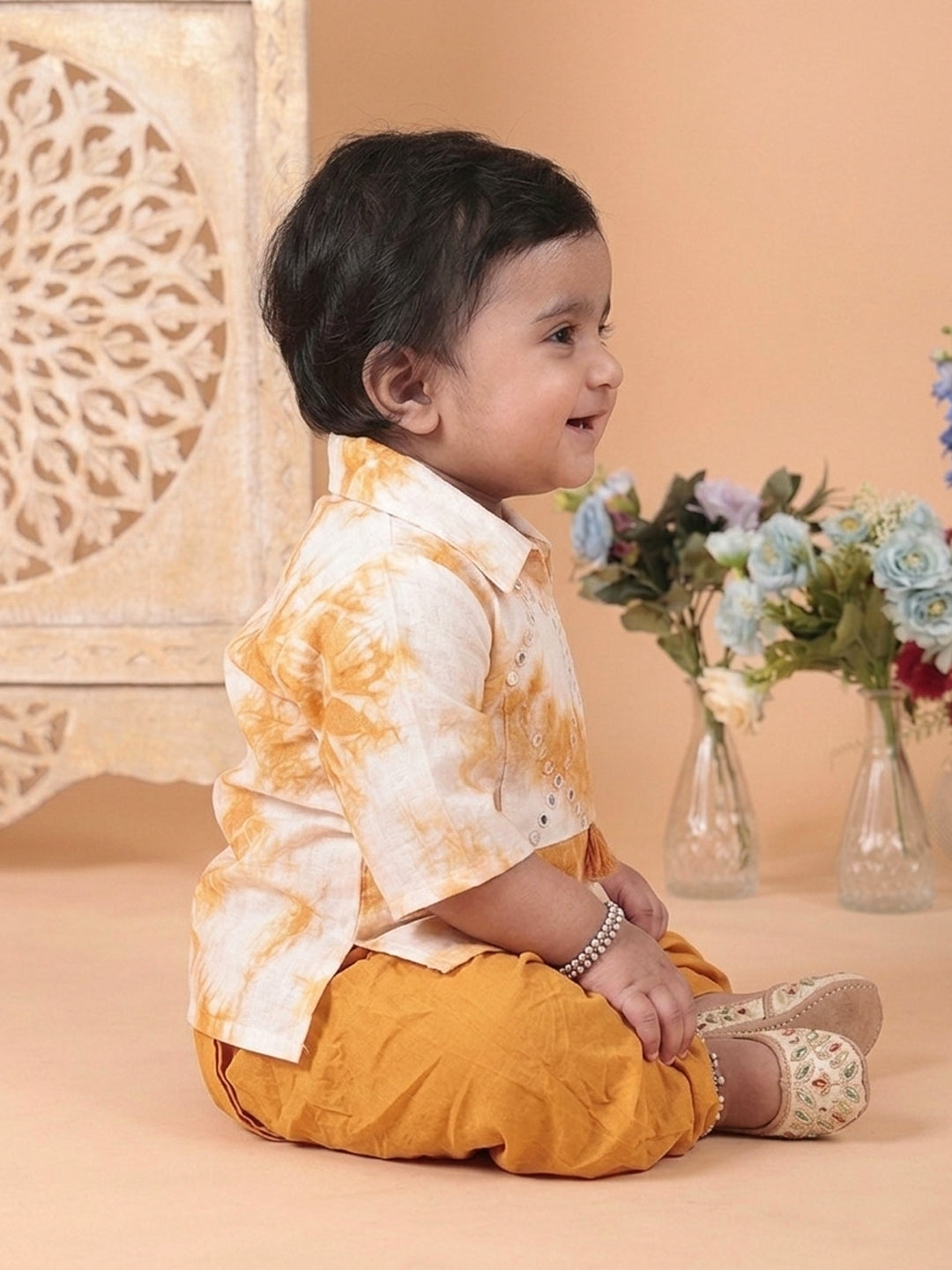 Yellow shibori mirror work kurti with dhoti