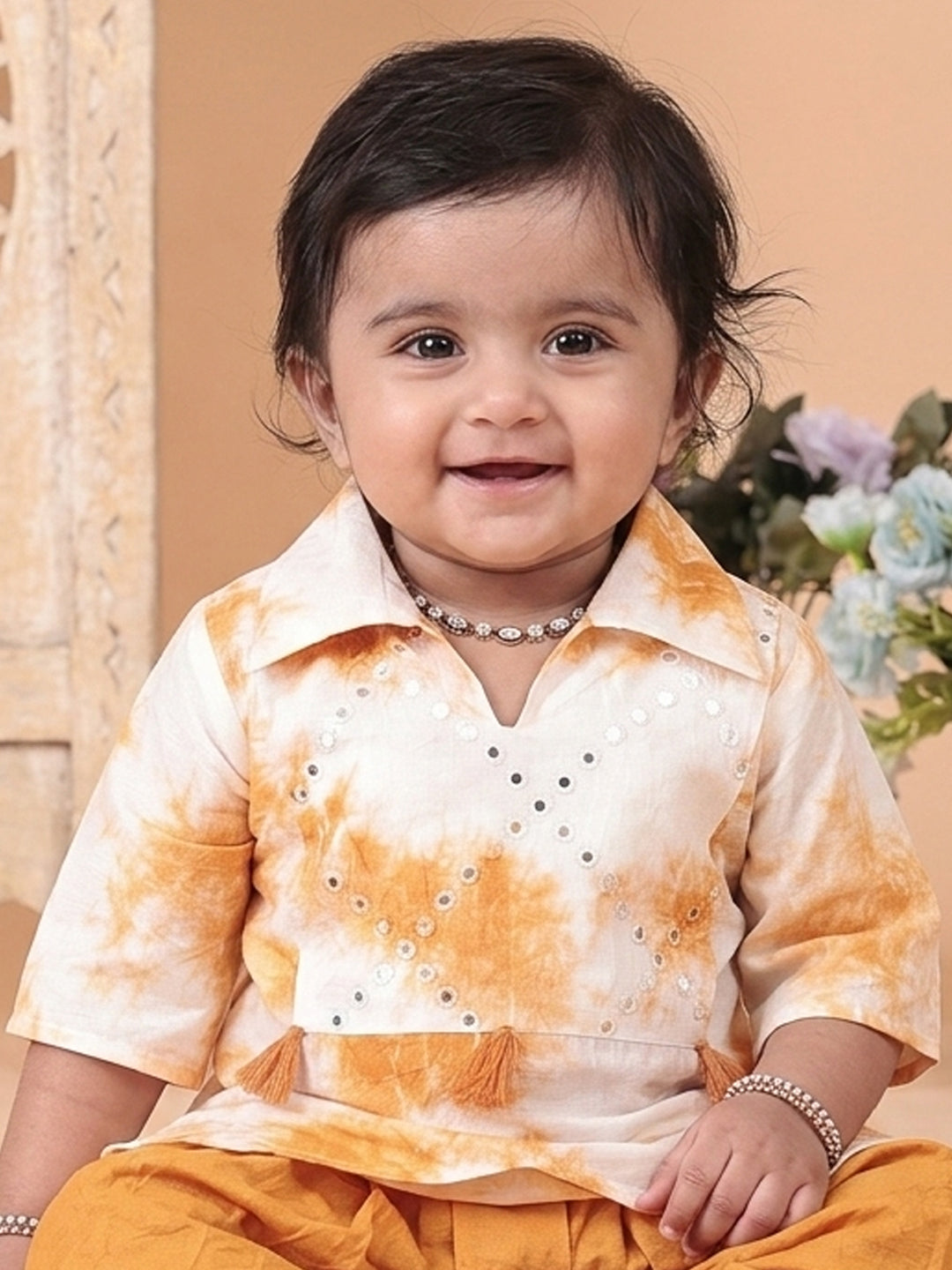 Yellow shibori mirror work kurti with dhoti