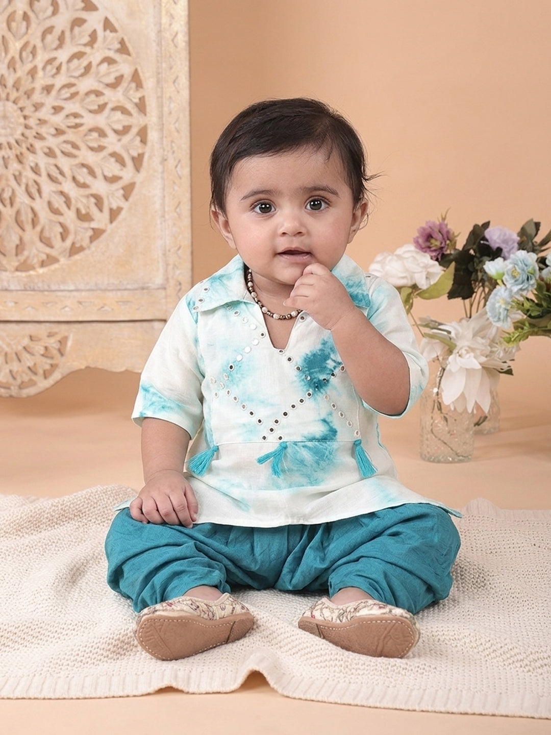 Blue shibori mirror work kurti with dhoti