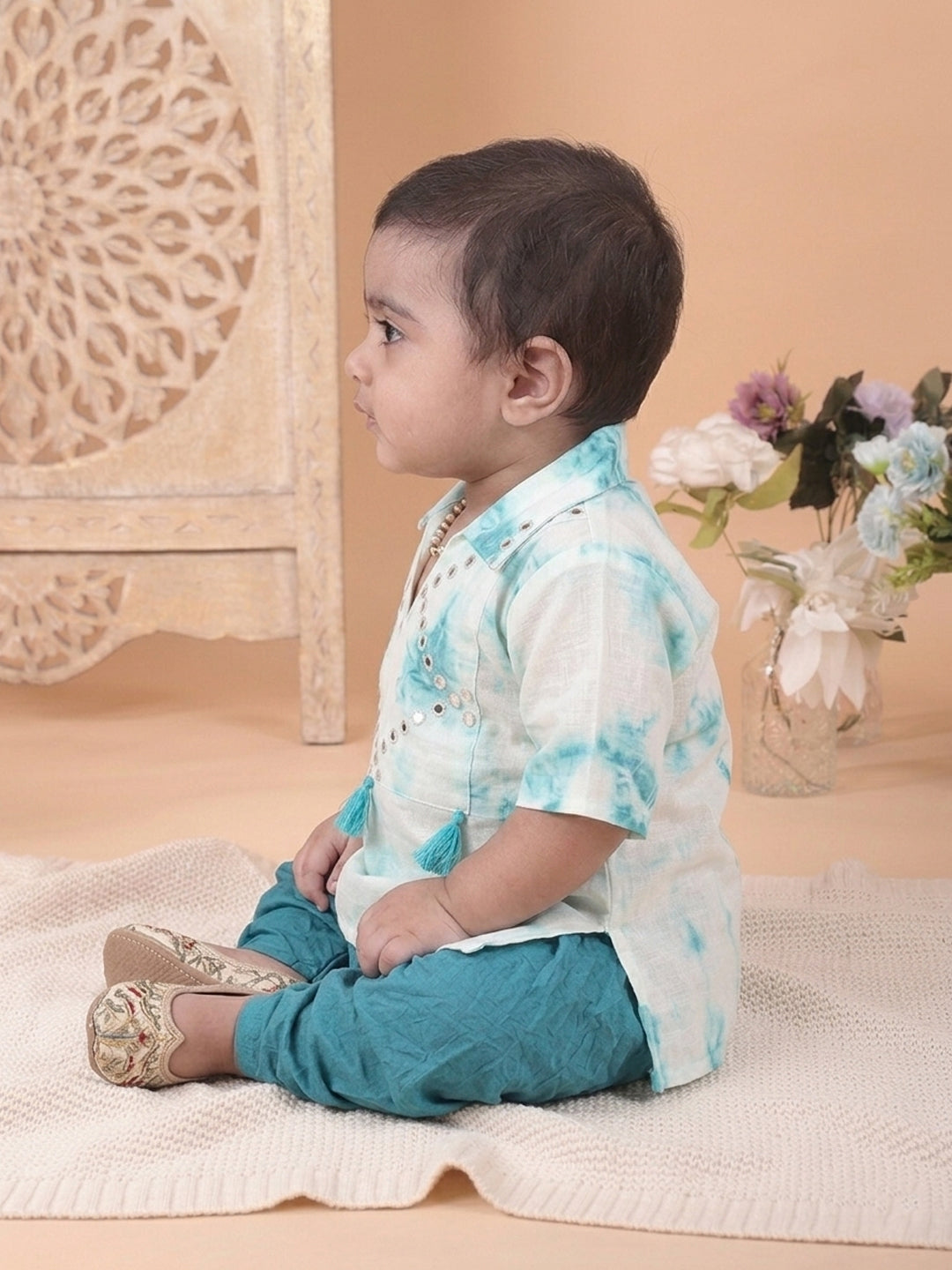 Blue shibori mirror work kurti with dhoti