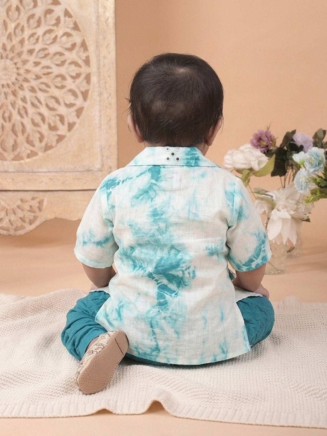 Blue shibori mirror work kurti with dhoti