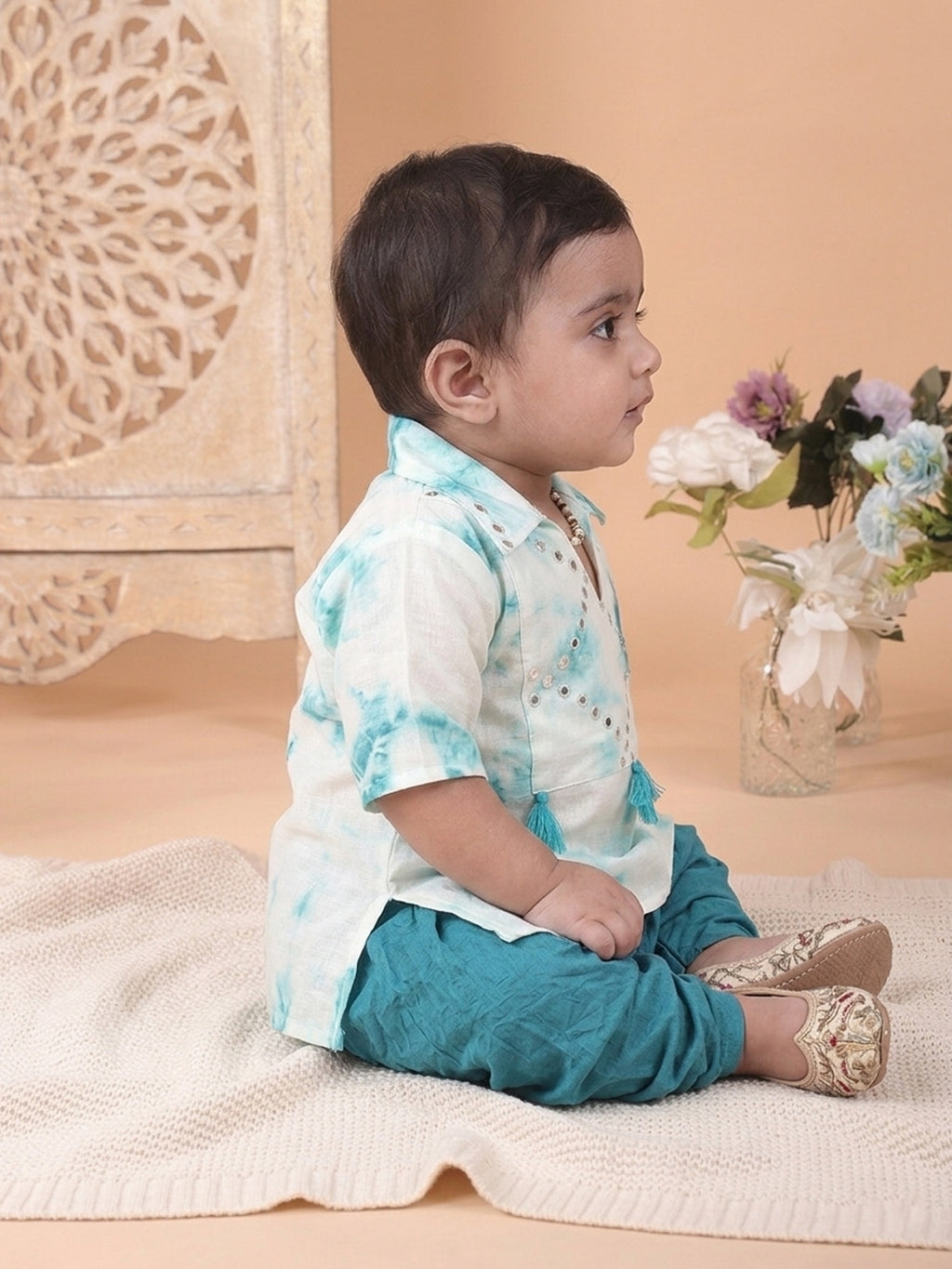 Blue shibori mirror work kurti with dhoti