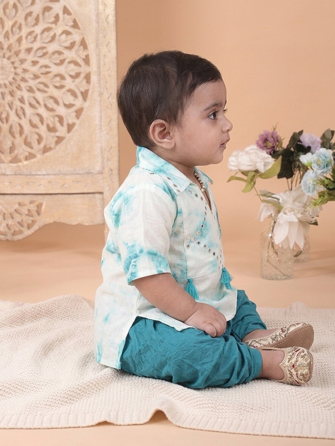 Blue shibori mirror work kurti with dhoti