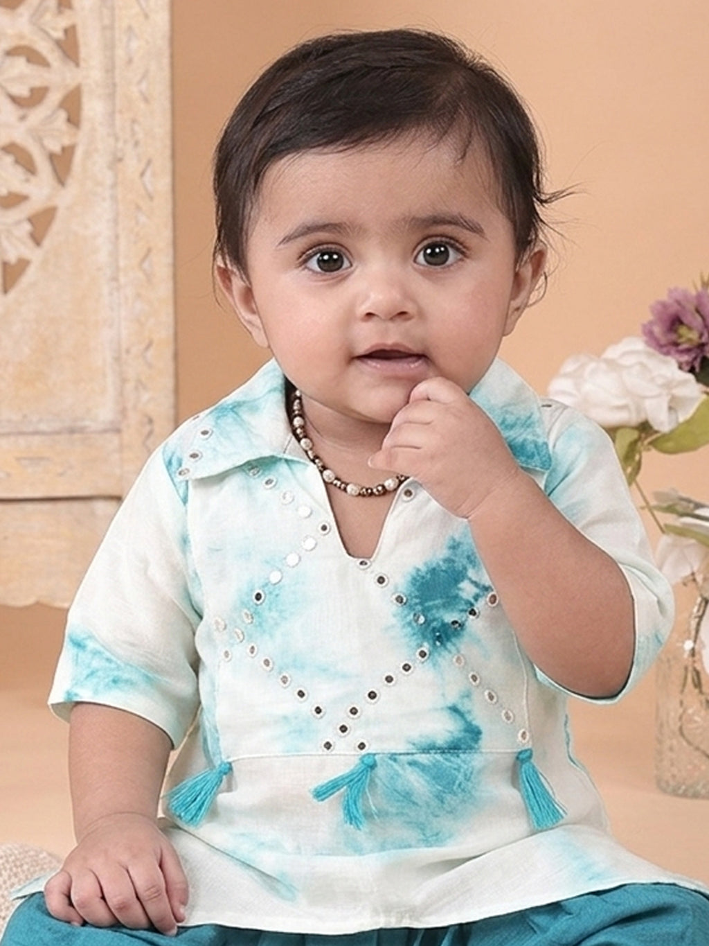 Blue shibori mirror work kurti with dhoti