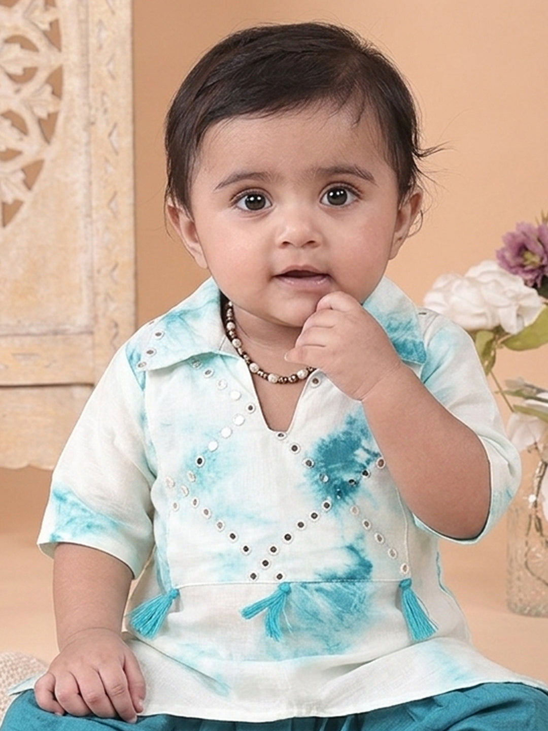 Blue shibori mirror work kurti with dhoti