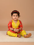 Red 3/4 Sleeves Lehriya Printed Kurti with Yellow Dhoti