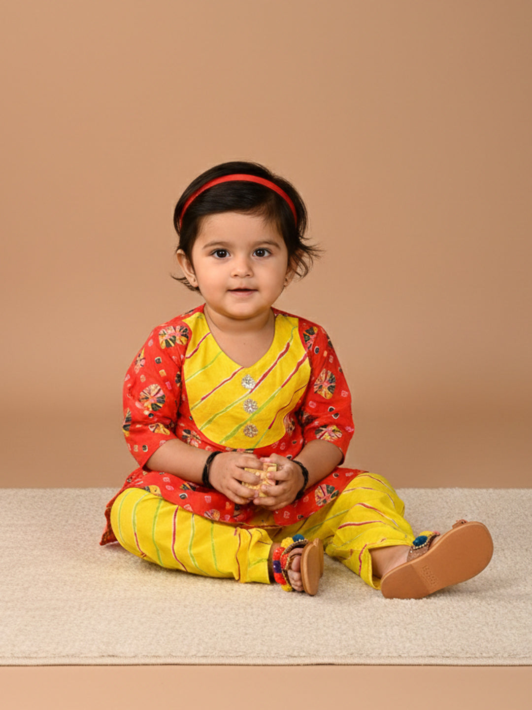 Red 3/4 Sleeves Lehriya Printed Kurti with Yellow Dhoti