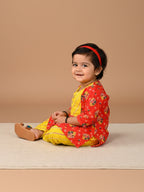 Red 3/4 Sleeves Lehriya Printed Kurti with Yellow Dhoti