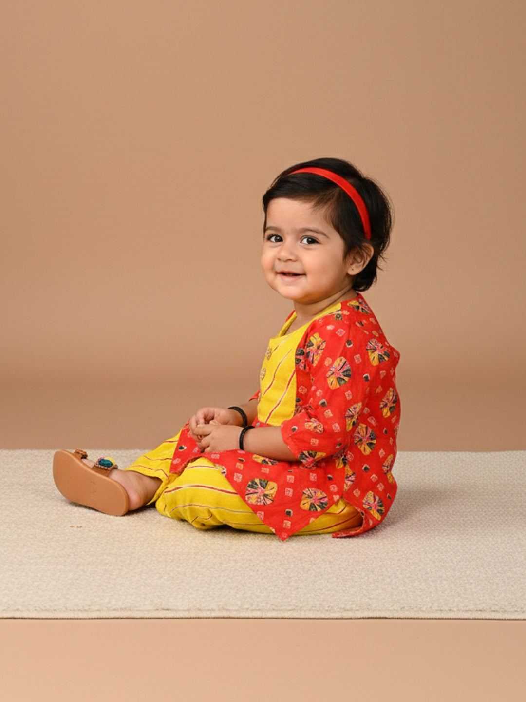 Red 3/4 Sleeves Lehriya Printed Kurti with Yellow Dhoti