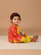 Red 3/4 Sleeves Lehriya Printed Kurti with Yellow Dhoti