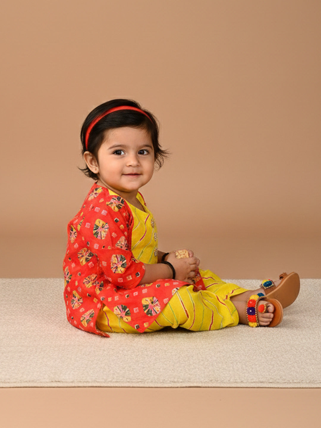 Red 3/4 Sleeves Lehriya Printed Kurti with Yellow Dhoti