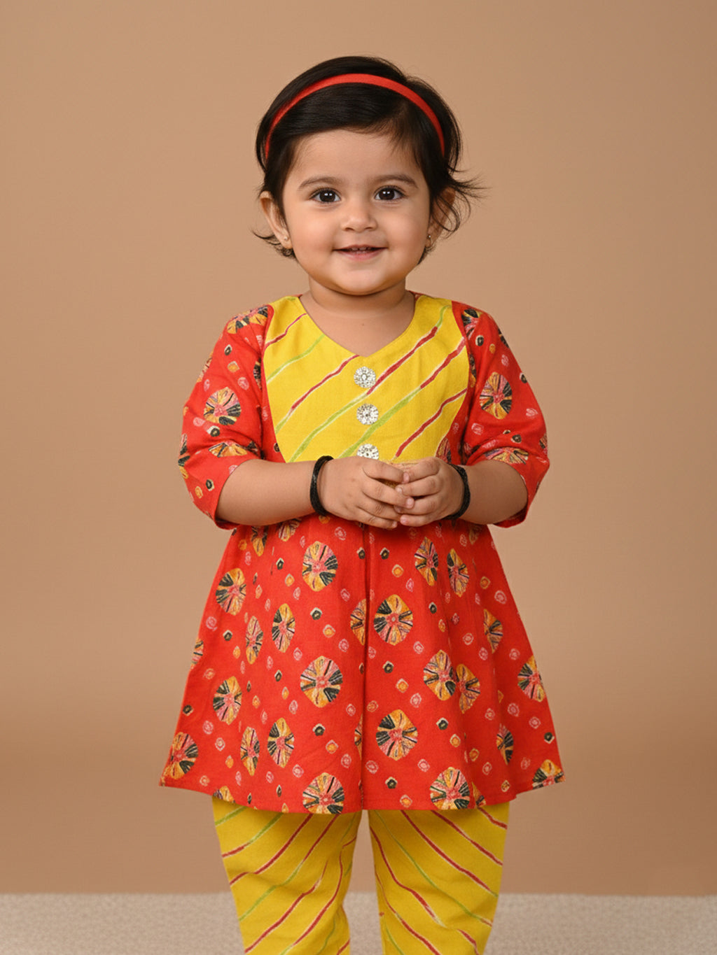 Red 3/4 Sleeves Lehriya Printed Kurti with Yellow Dhoti