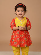Red 3/4 Sleeves Lehriya Printed Kurti with Yellow Dhoti